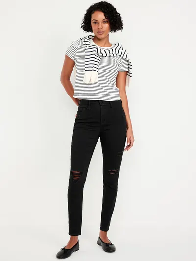 High-Waisted Rockstar Super-Skinny Jeans - Black Destructed