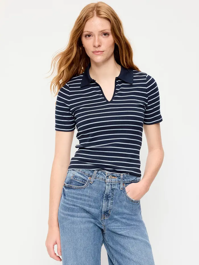 Keyhole Polo Top - White Stripe