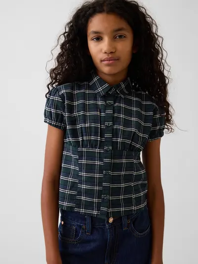 Kids Fitted Button-Front Top - Green blue plaid
