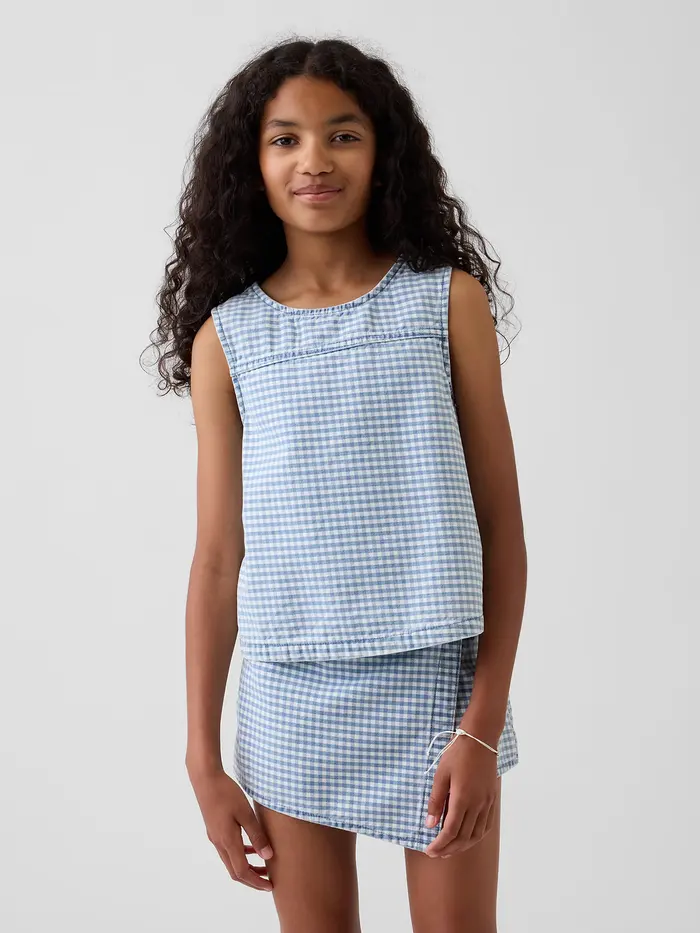 Kids Gingham Denim Shell Tank Top - Blue gingham