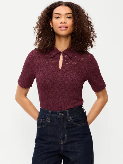 Lace Keyhole Polo Top - Red Lacquer