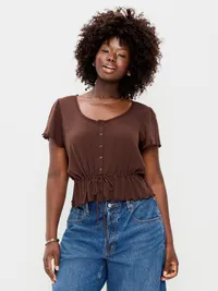 Lace-Trim Button-Down Top - Earthen — view 5