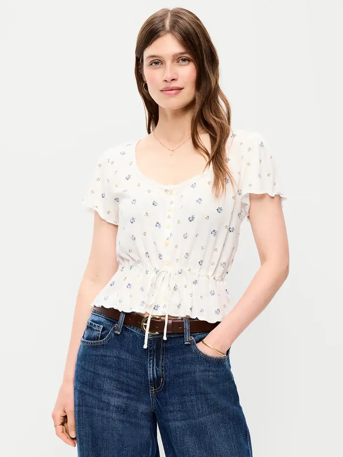 Lace-Trim Button-Down Top - White Floral
