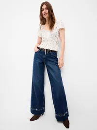 Lace-Trim Button-Down Top - White Floral — view 3