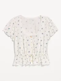 Lace-Trim Button-Down Top - White Floral — view 4