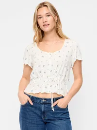 Lace-Trim Button-Down Top - White Floral — view 5