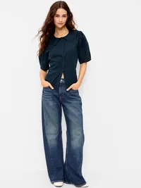 Lapel Collar Short-Sleeve Button-Front Top - In the Navy — view 3