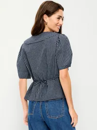 Lapel Collar Short-Sleeve Button-Front Top - Navy Plaid — view 2