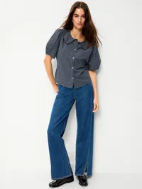 Lapel Collar Short-Sleeve Button-Front Top - Navy Plaid — view 3