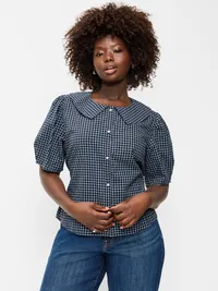 Lapel Collar Short-Sleeve Button-Front Top - Navy Plaid — view 5