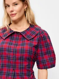 Lapel Collar Short-Sleeve Button-Front Top - Red Plaid — view 4