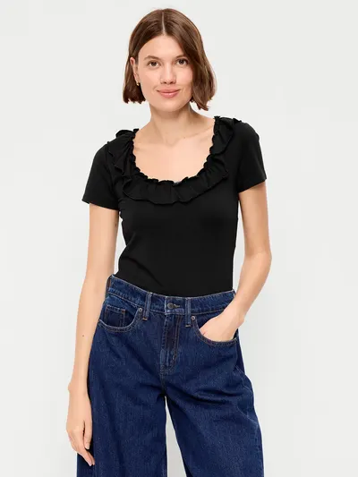 Lettuce-Edge Scoop-Neck Top - Black Jack