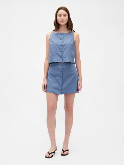 Linen-Blend Button-Front Mini Skort - Bainbridge blue