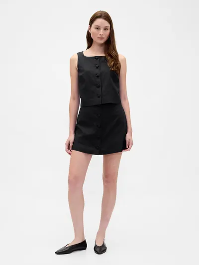 Linen-Blend Button-Front Mini Skort - True black