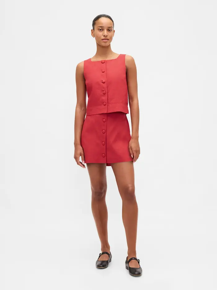 Linen-Blend Button-Front Mini Skort - Washed red