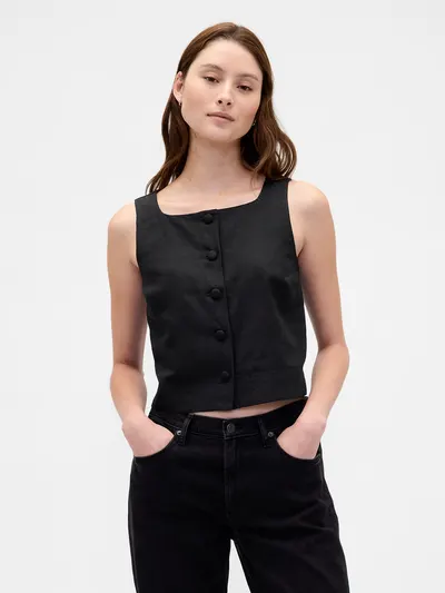 Linen-Blend Button-Front Shell Top - True black