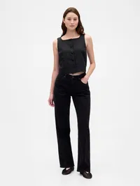 Linen-Blend Button-Front Shell Top - True black — view 2