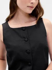 Linen-Blend Button-Front Shell Top - True black — view 4