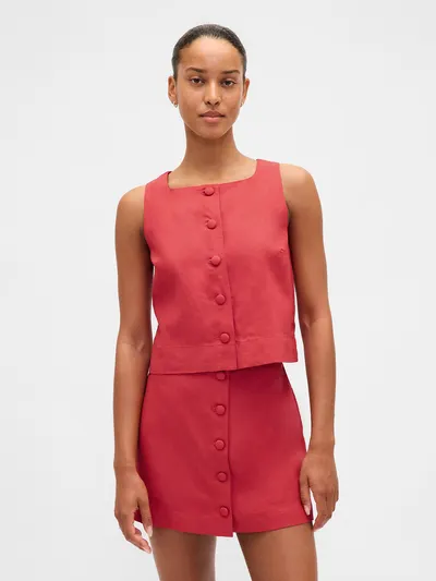 Linen-Blend Button-Front Shell Top - Washed red