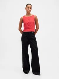 Linen-Blend Button-Front Shell Top - Washed red — view 2