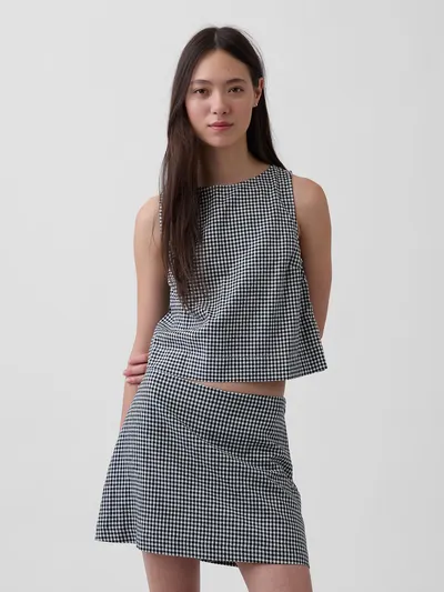 Linen-Blend Crop Shell Tank Top - Black gingham