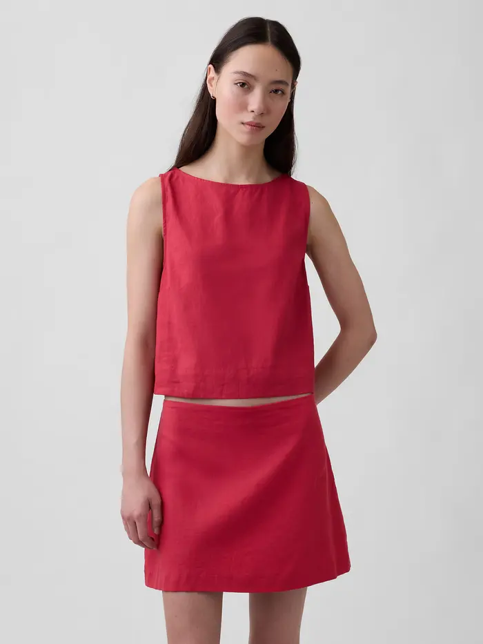 Linen-Blend Crop Shell Tank Top - Washed red