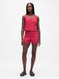 Linen-Blend Hook-Front Crop Shell Top - Washed red — view 2