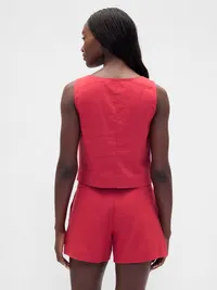 Linen-Blend Hook-Front Crop Shell Top - Washed red — view 3