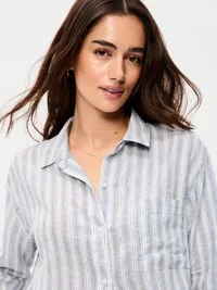 Linen-Blend Loose Button-Down Shirt - Blue Stripe — view 4