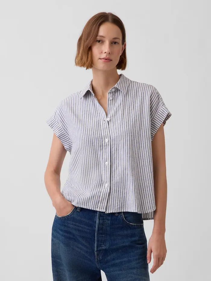 Linen-Blend Oversized Shirt - Blue & white stripe
