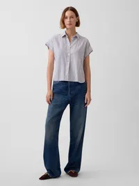 Linen-Blend Oversized Shirt - Blue & white stripe — view 2