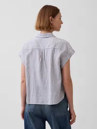 Linen-Blend Oversized Shirt - Blue & white stripe — view 3