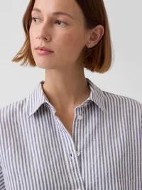 Linen-Blend Oversized Shirt - Blue & white stripe — view 4