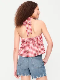 Linen-Blend V-Neck Halter Top - Red Gingham — view 2