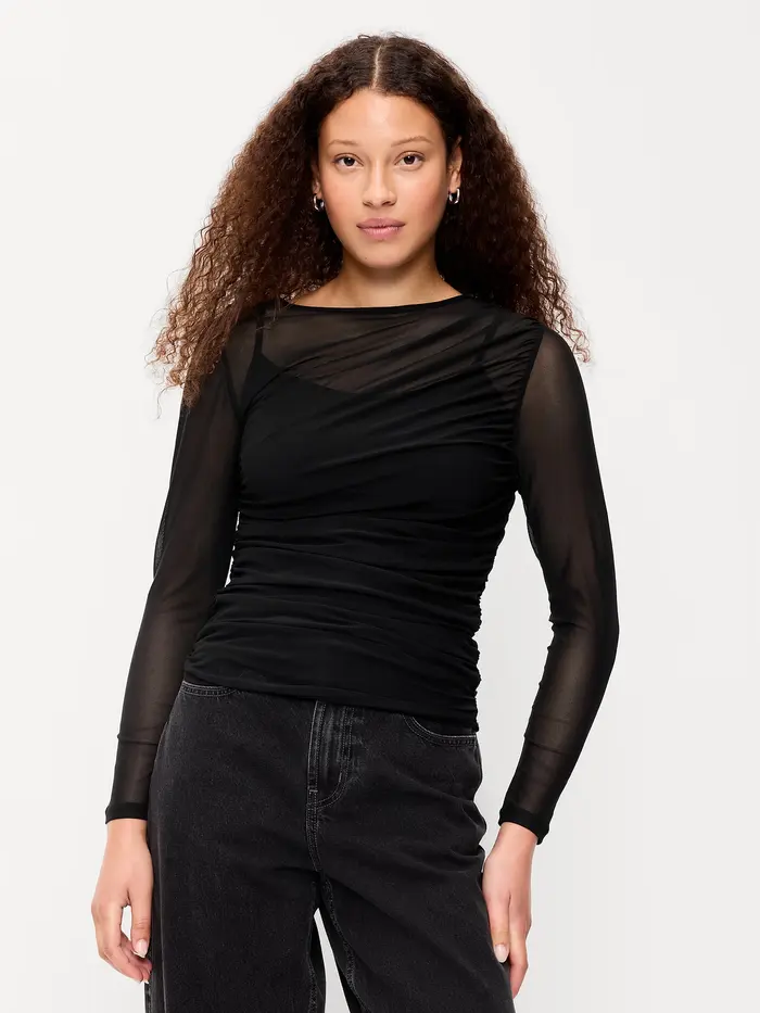 Long-Sleeve Asymmetrical Unlined Mesh Top - Black Jack