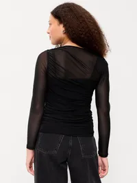 Long-Sleeve Asymmetrical Unlined Mesh Top - Black Jack — view 2