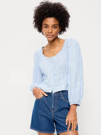 Long-Sleeve Button-Down Top - Blue Stripe
