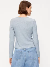 Long-Sleeve Button-Front Pointelle Top - Medium Heather Gray — view 2
