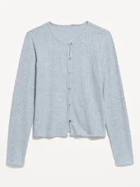 Long-Sleeve Button-Front Pointelle Top - Medium Heather Gray — view 4