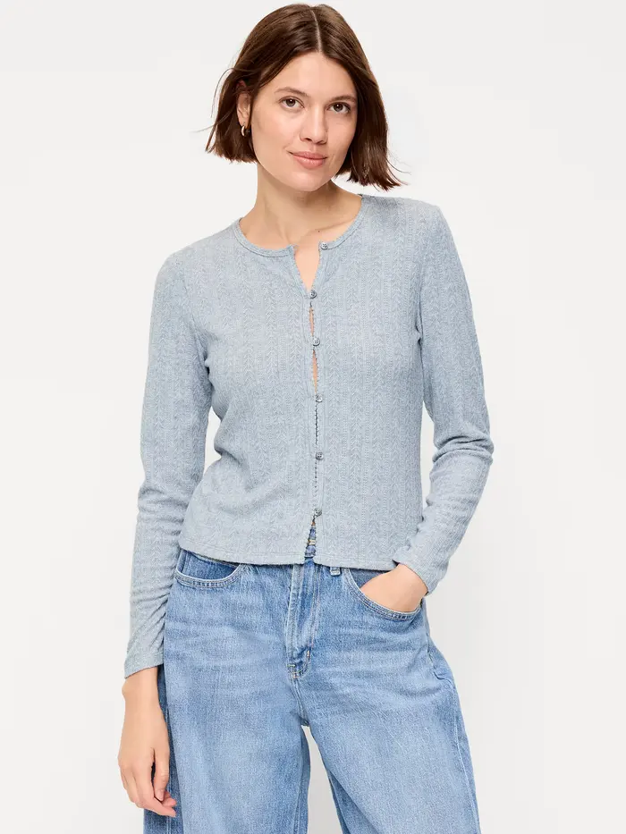 Long-Sleeve Button-Front Pointelle Top - Medium Heather Gray