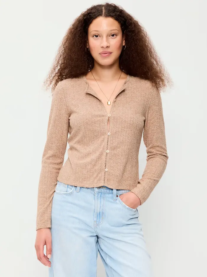 Long-Sleeve Button-Front Pointelle Top - Oatmeal Heather