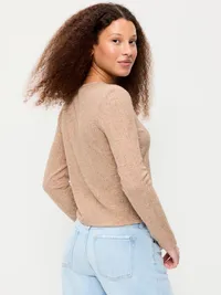 Long-Sleeve Button-Front Pointelle Top - Oatmeal Heather — view 2