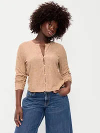 Long-Sleeve Button-Front Pointelle Top - Oatmeal Heather — view 5