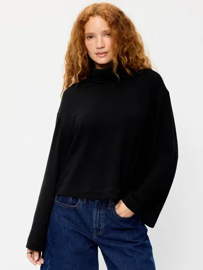 Long-Sleeve Oversized Turtleneck Top - Black Jack