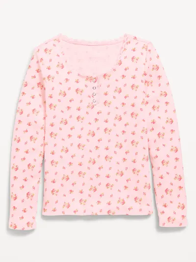 Long-Sleeve Ribbed Henley T-Shirt for Girls - Pink Ditsy Floral