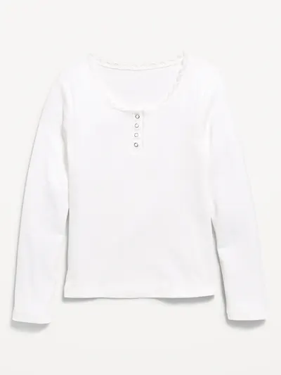 Long-Sleeve Ribbed Henley T-Shirt for Girls - White Lilies