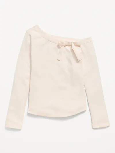 Long-Sleeve Ribbed Off-Shoulder Bow Top for Girls - Creme De La Creme
