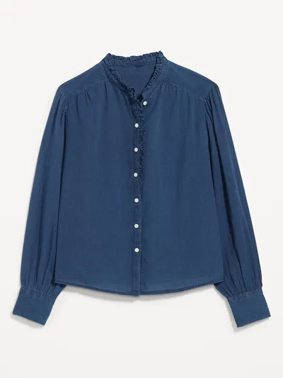 Long-Sleeve Ruffle-Trim Button-Front Top - Medium Indigo