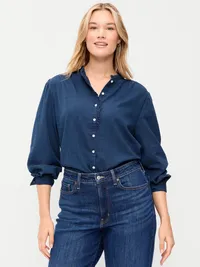 Long-Sleeve Ruffle-Trim Button-Front Top - Medium Indigo — view 2