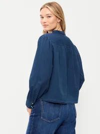 Long-Sleeve Ruffle-Trim Button-Front Top - Medium Indigo — view 3
